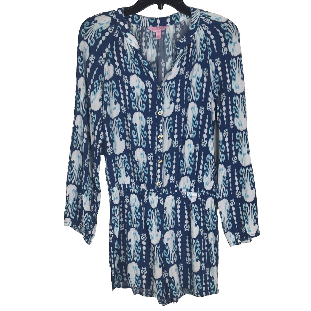 Lilly Pulitzer Elsa Romper Long Sleeve Jellyfish Print in Indigo Get In Line XS